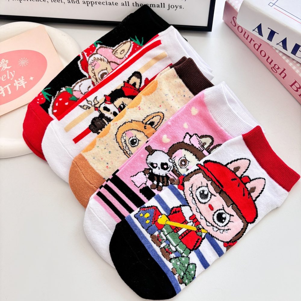 5 Pairs LABUBU Trendy Cute Cartoon Ankle Socks for Women | Fashionable Short Boat Socks with Fun Design - Image 2